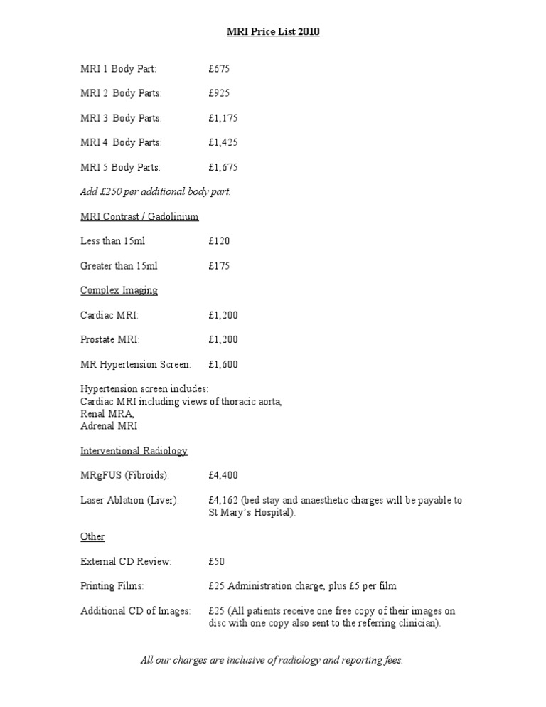 2010 MRI Pricing Guide and Fees | PDF