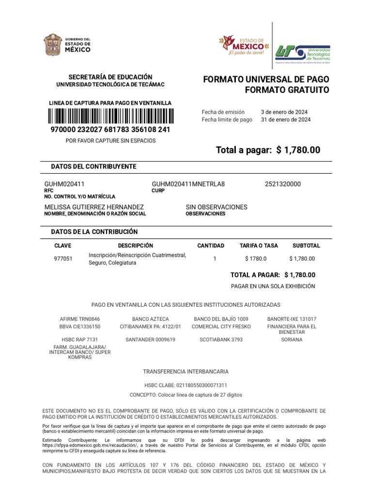 Formato de Pago Universidad Tecámac | PDF | Economias | Finanzas personales