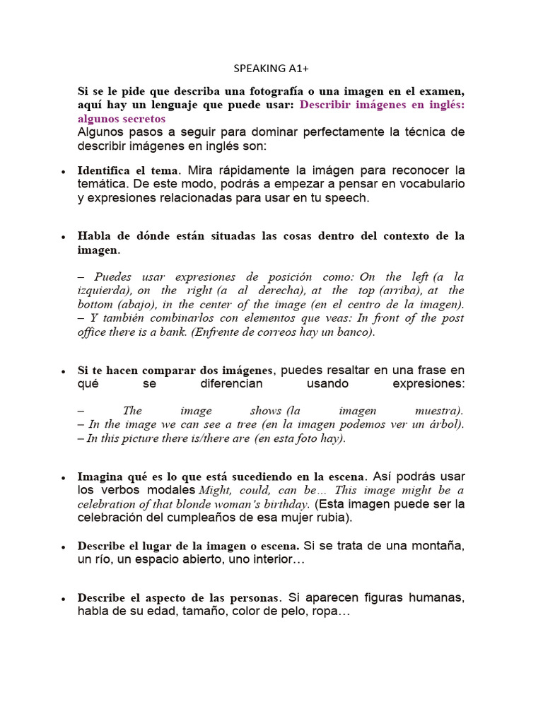 Guía para Describir Imágenes en Inglés | PDF
