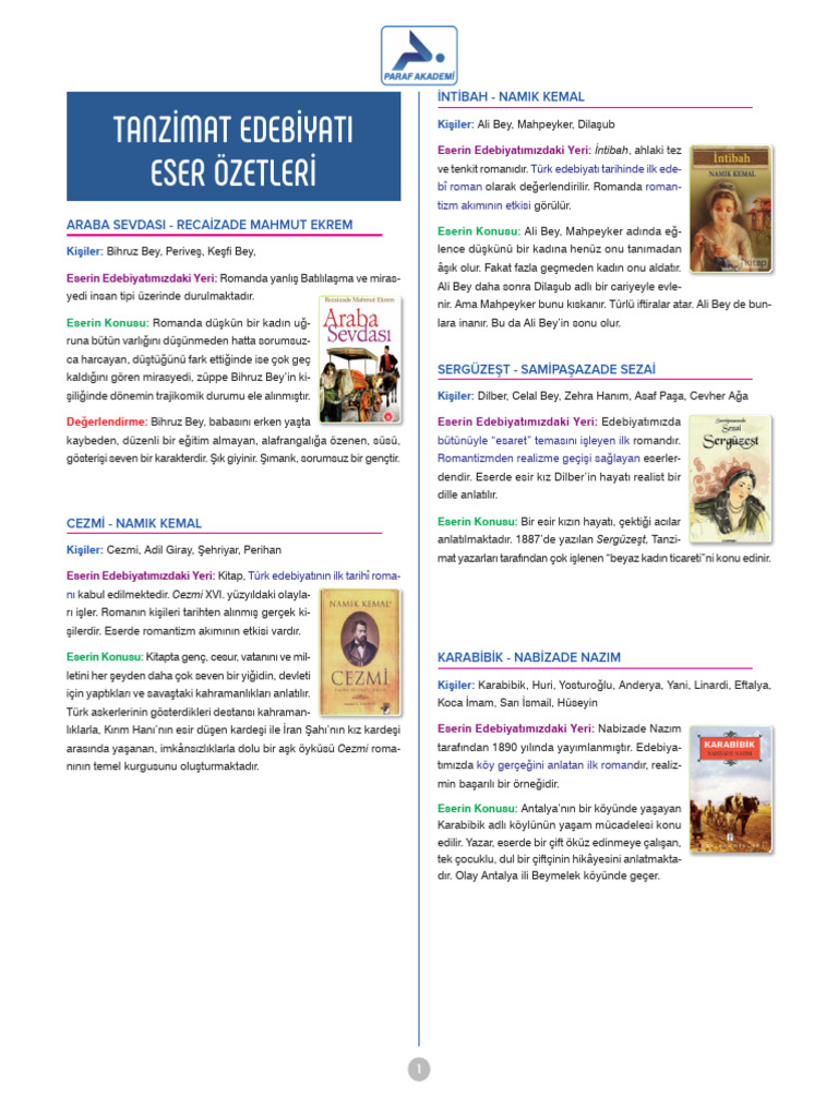 Tanzimat Edebiyati Eser Ozetleri Ders 41 | PDF