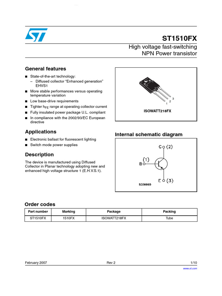 ST1510FX-ST Microelectronics | PDF | Bipolar Junction Transistor ...