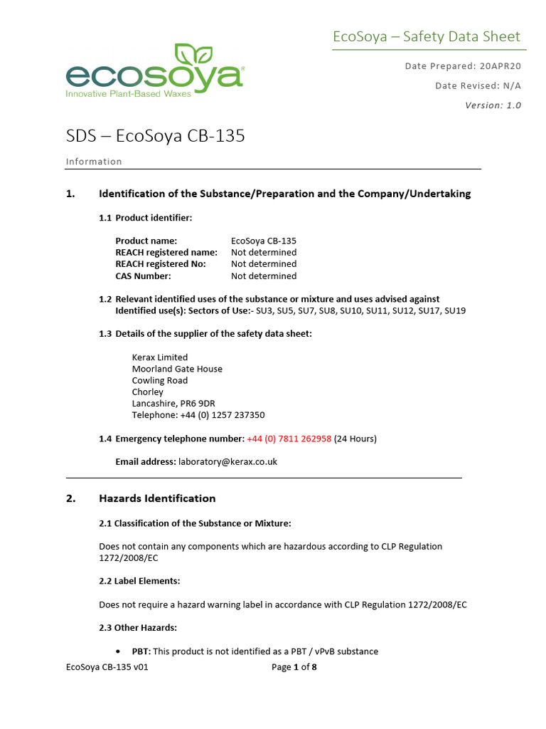 Ecosoya - Cb-135 v01 - Sds | PDF | Toxicity | Personal Protective Equipment