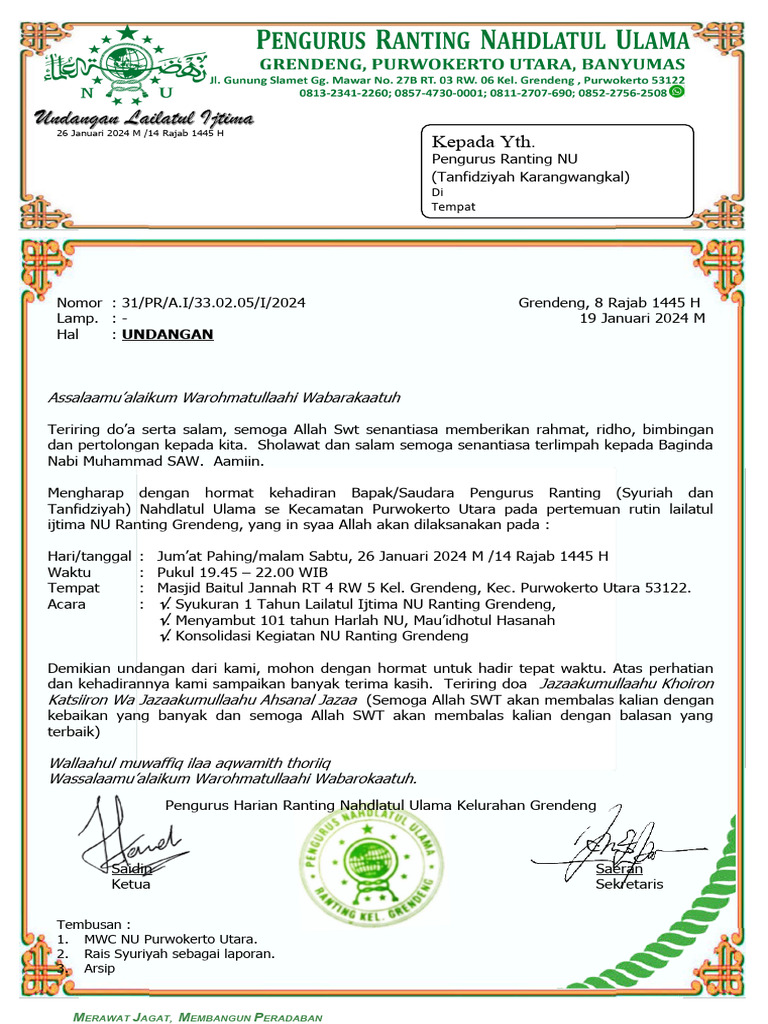 Undangan Pertemuan Ranting NU Grendeng | PDF