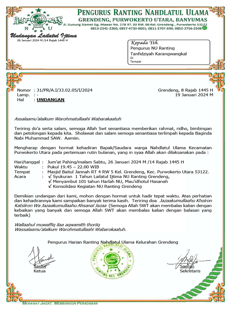 Undangan Pertemuan NU 26 Januari 2024 | PDF | Agama & Spiritualitas