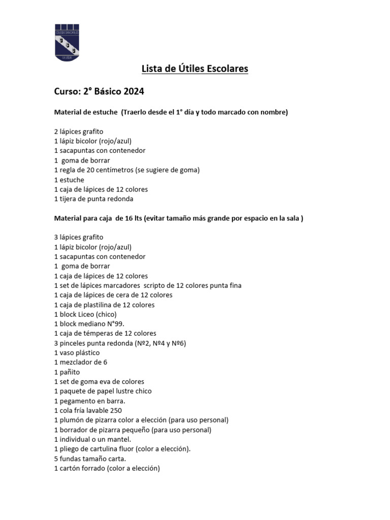 Lista de Útiles 2° Básico 2024 | PDF | Lápiz | Materiales de ...