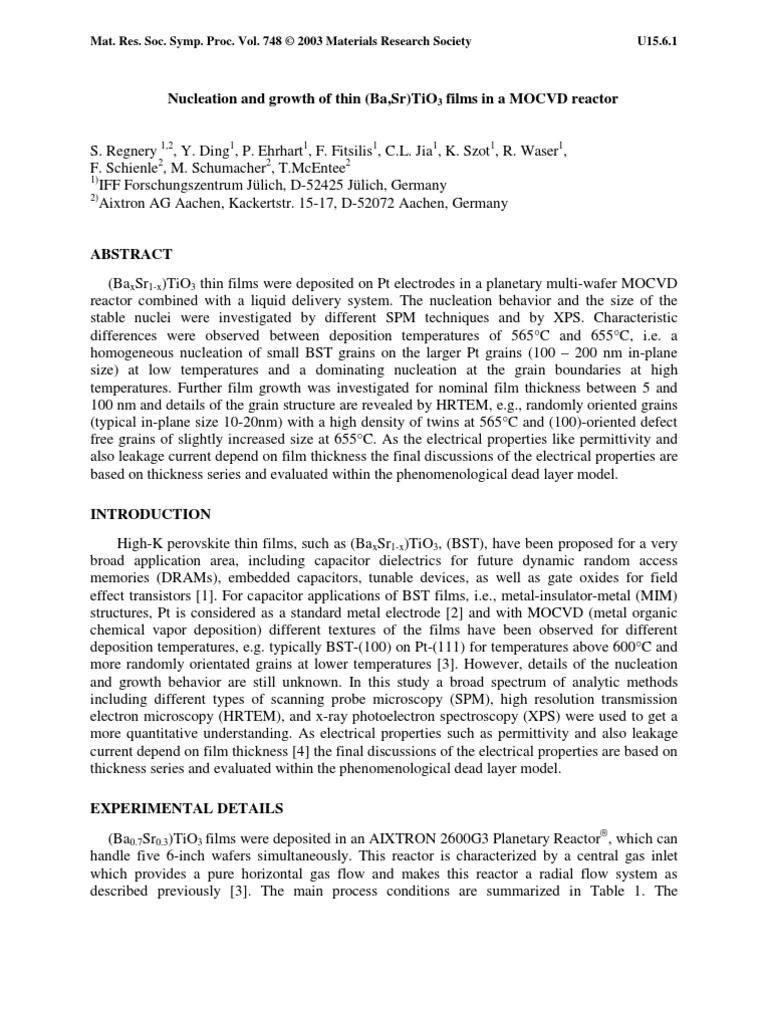 Nucleation And Growth Of Thin Ba Sr Tio3 Films In A Mocvd Reactor