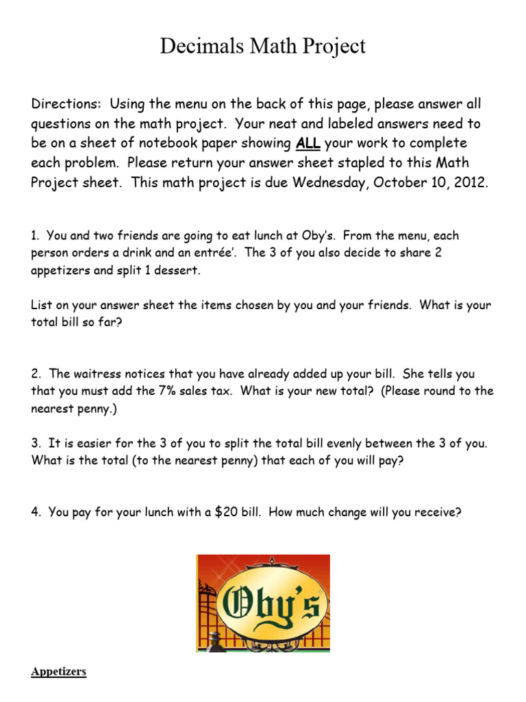 Decimals Math Project | PDF