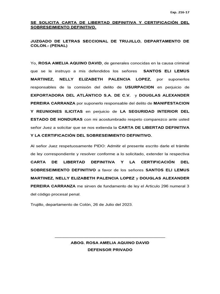 Solicitud De Carta De Libertad Definitiva PDF