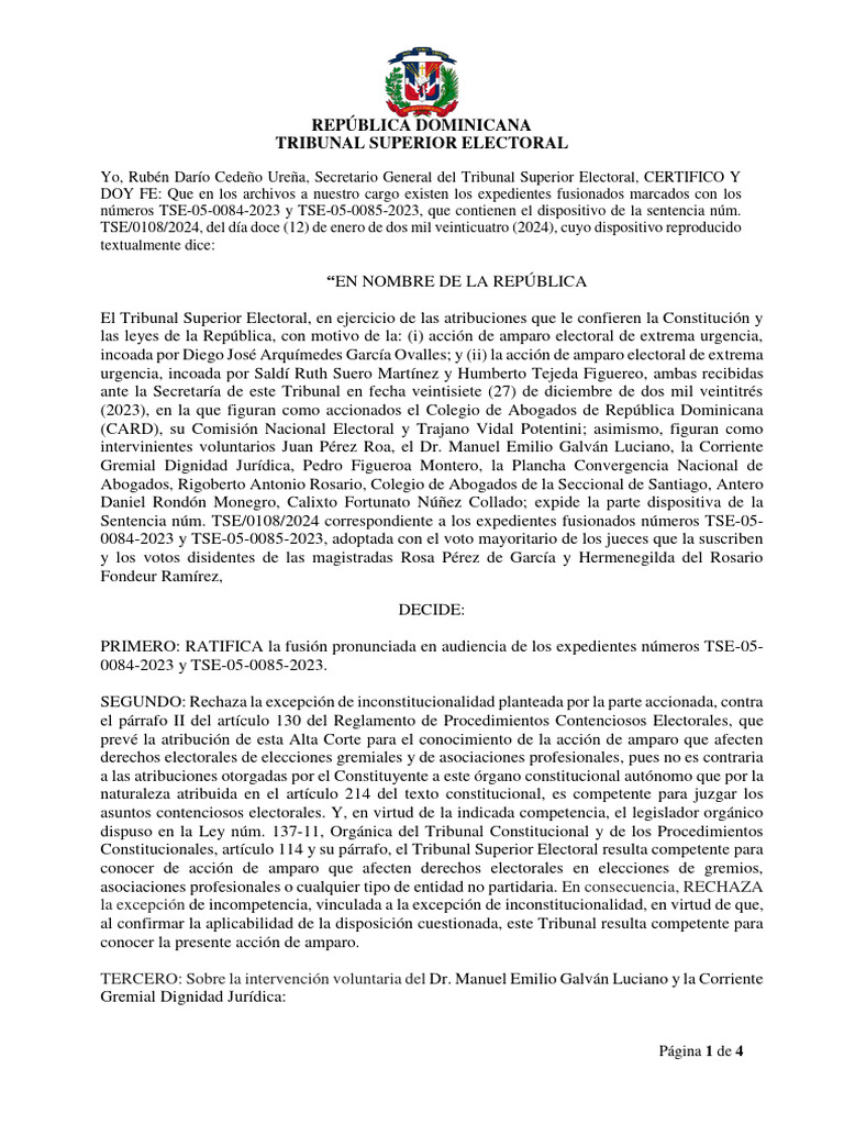 Dispositivo Sentencia TSE-0108-2024, Expedientes 05-0084-2023 y 05-0085