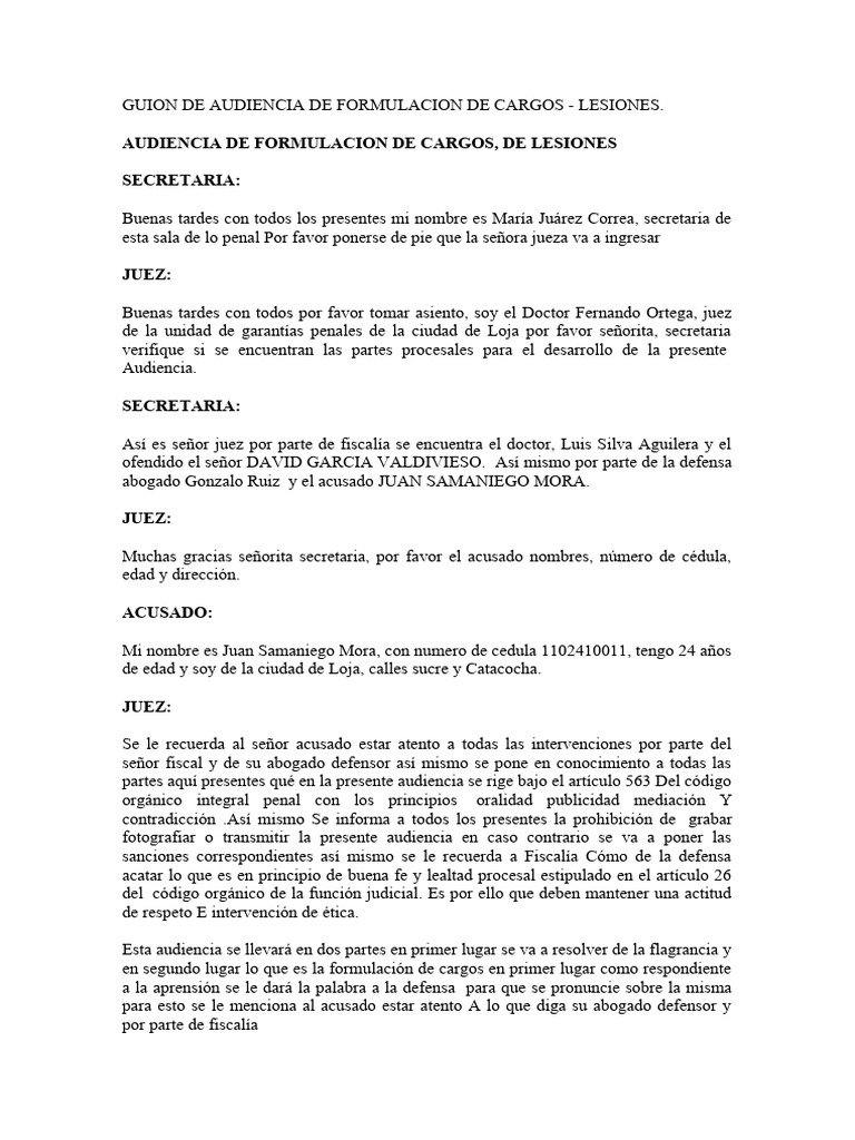 Audiencia de Formulación de Cargos por Lesiones | PDF | Fiscal | Prisión