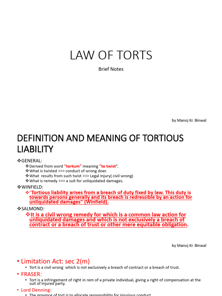Law of Torts: Key Concepts & Cases | PDF | Tort | Legal Liability