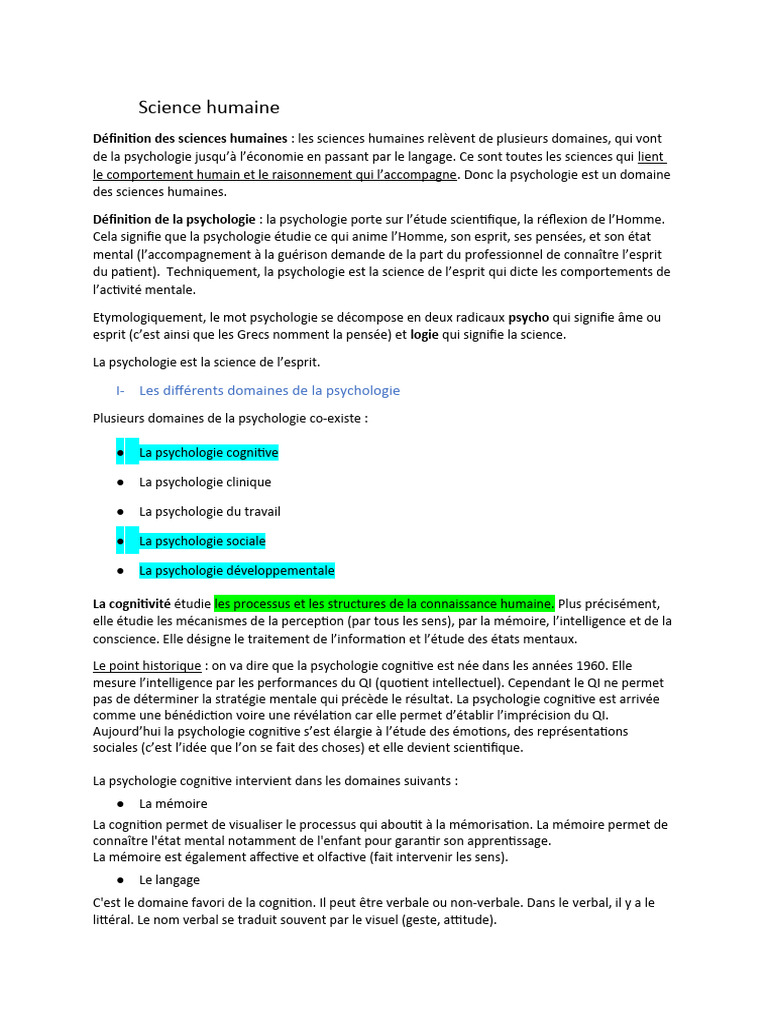 Psychologie et sciences humaines définies | PDF | Psychologie | Cognition