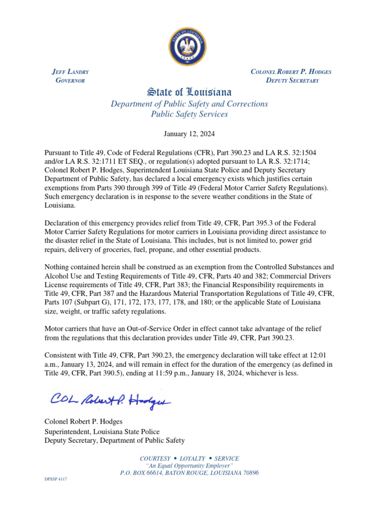 LSP Temporary Emergency Exemption to Specific Federal Motor Carrier