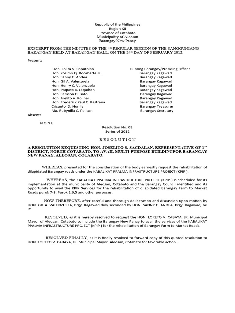Resolution for Barangay New Panay Roads | PDF | Government