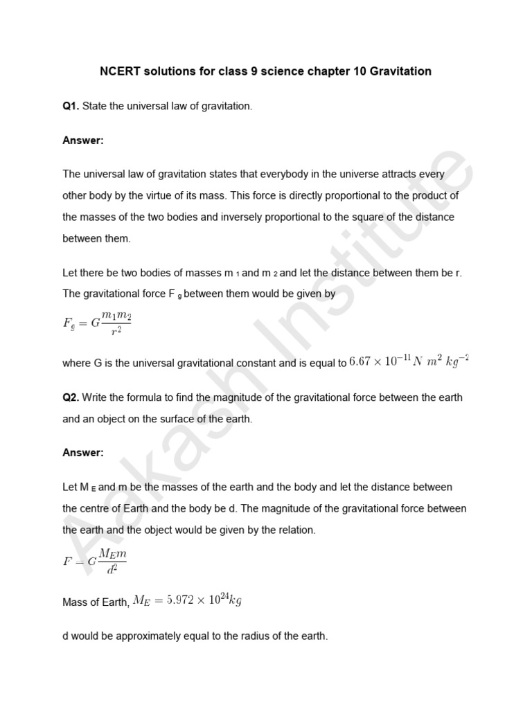 Class 9 NCERT Solutions: Gravitation | PDF | Buoyancy | Weight