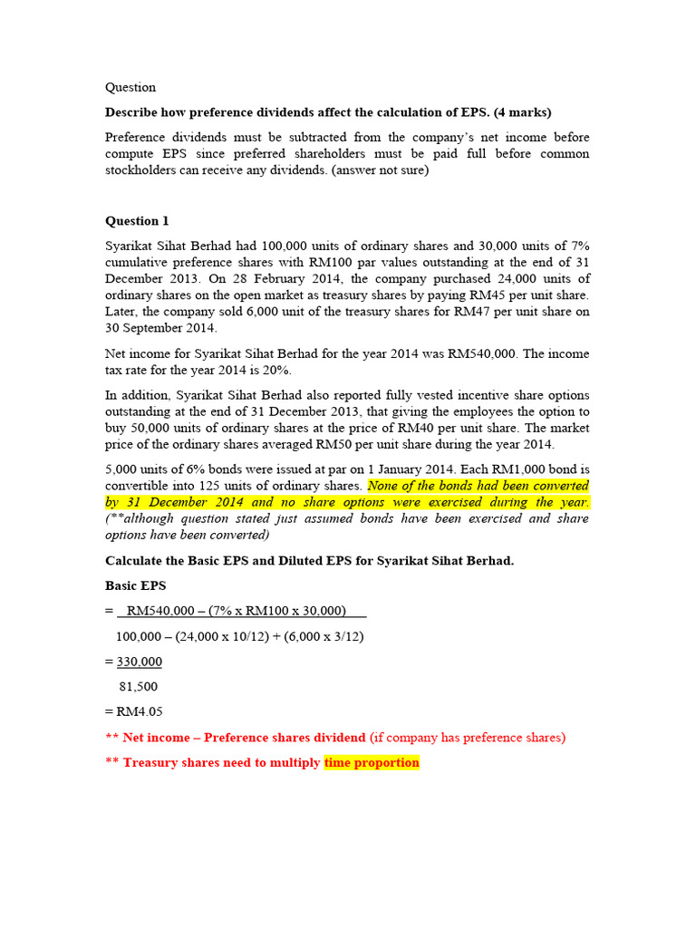 Describe How Preference Dividends Affect The Calculation of EPS. (4