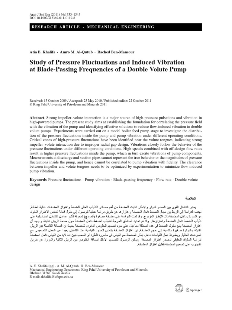 Study of Pressure Fluctuations and Induced Vibration at Blade-Passing ...