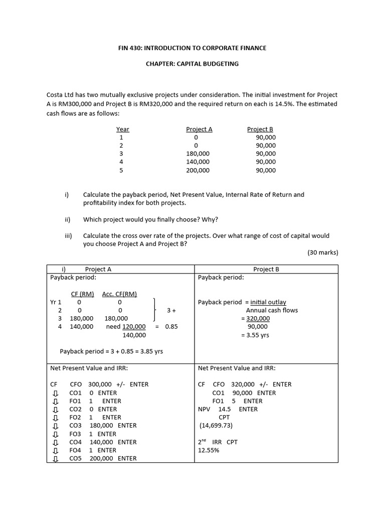 Capital Budgeting Analysis for Costa Ltd | PDF | Net Present Value ...