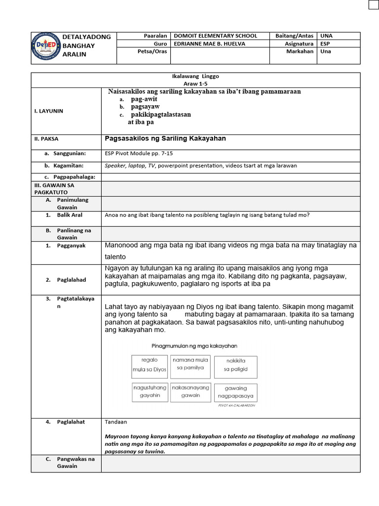 Grade 1 DLP Esp Q1 W2 Day 1 5 | PDF