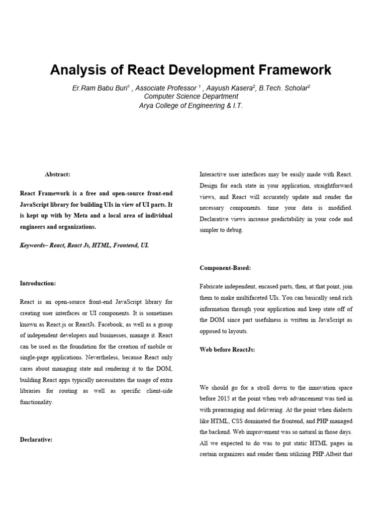 19earcs002 analysis of react development framework pdf java script