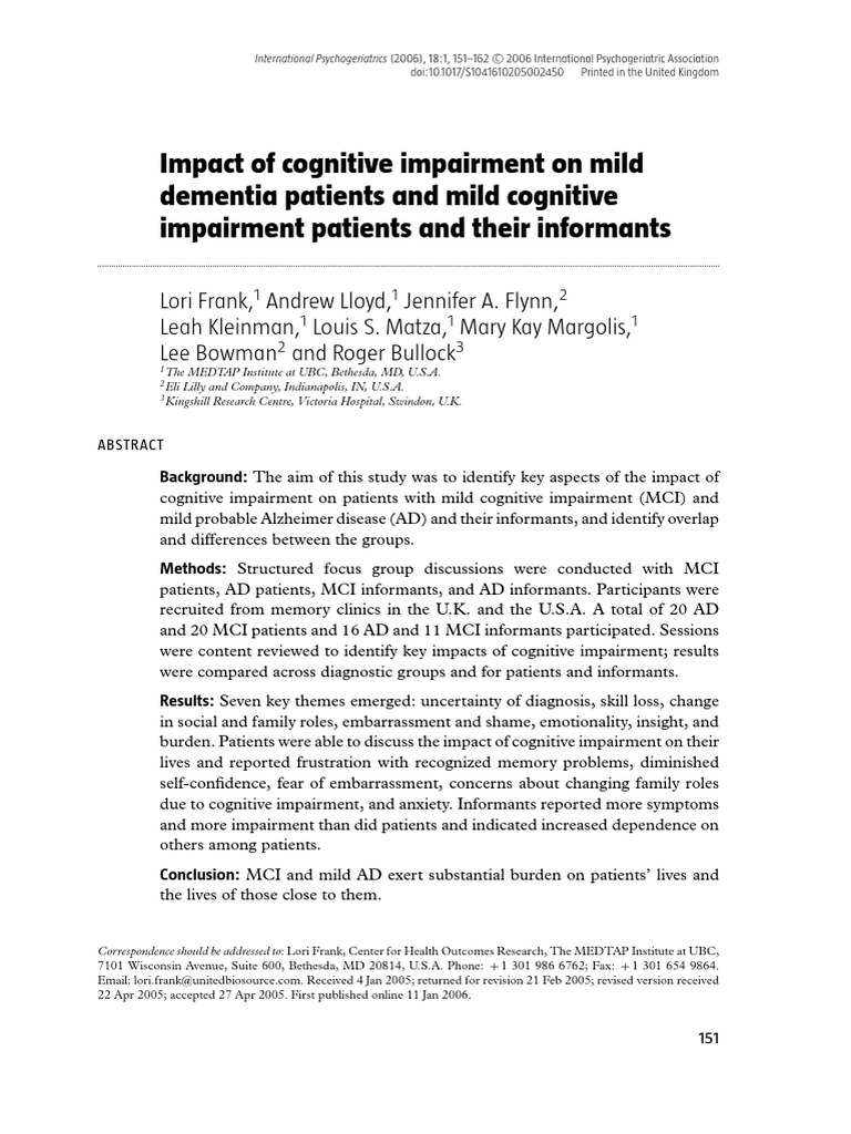 Impact of Cognitive Impairment On Mild | PDF | Dementia | Alzheimer's ...