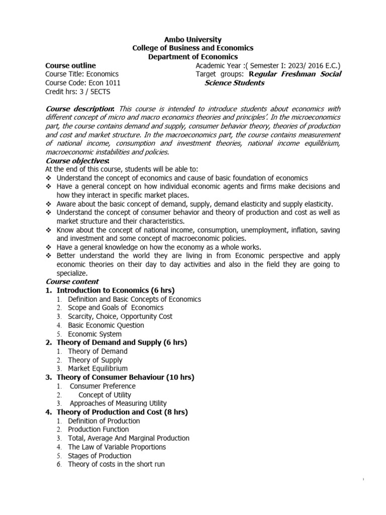 Economics Course Outline for Freshmen | PDF | Economics | Macroeconomics