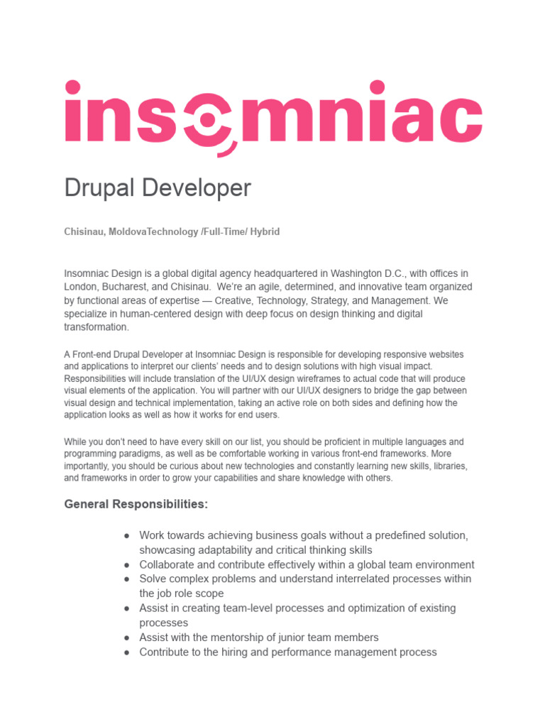 Front-End Drupal Developer Job in Chisinau | PDF | Compiler | Design