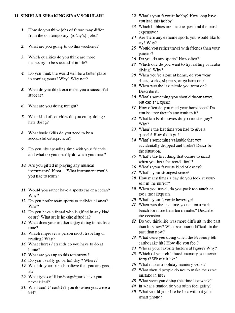 11th Grade English Speaking Questions | PDF