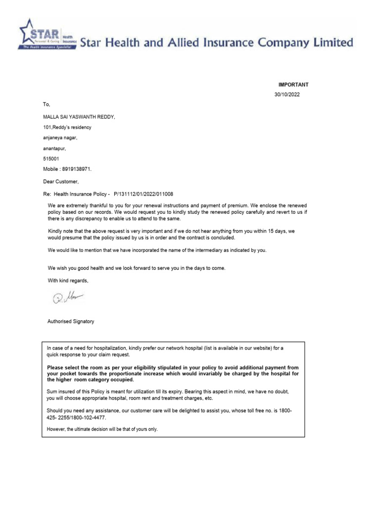 Star-Health Policy 74474098 - POLICY - DOC | PDF | Medicine | Insurance