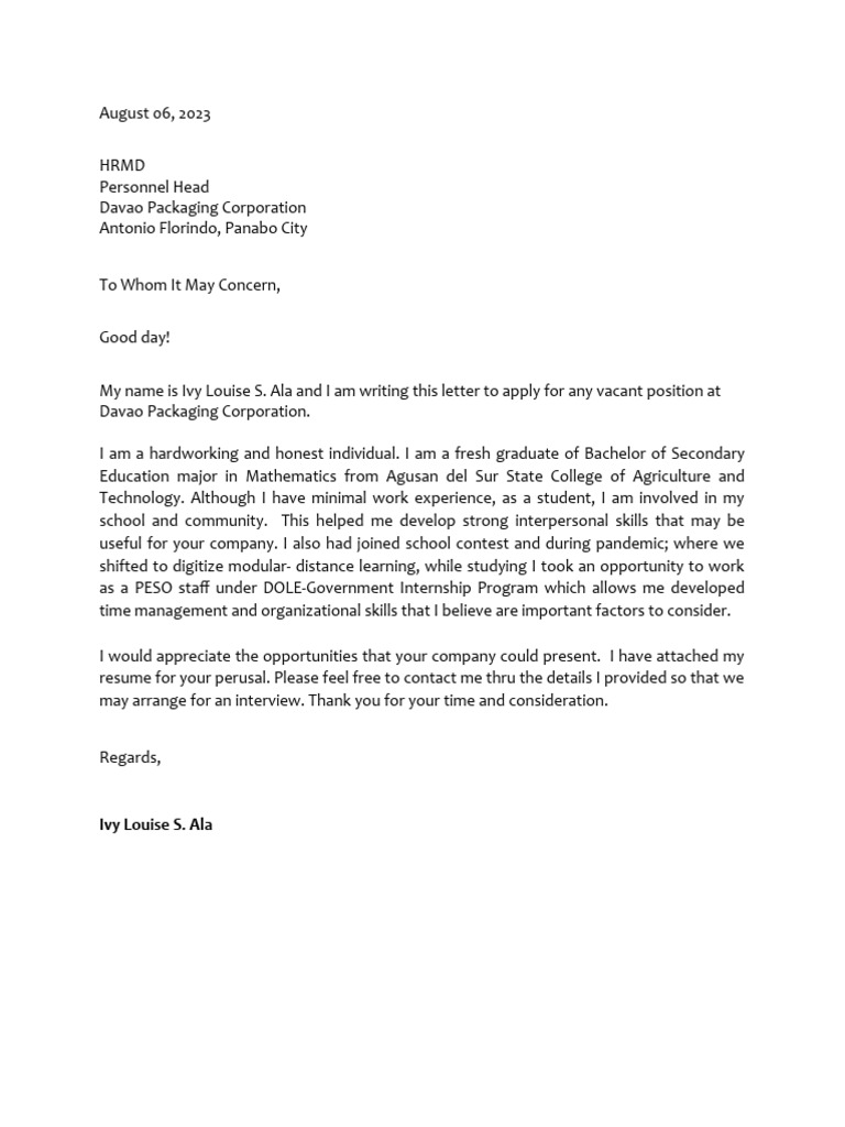 Job Application: Ivy Louise S. Ala | PDF