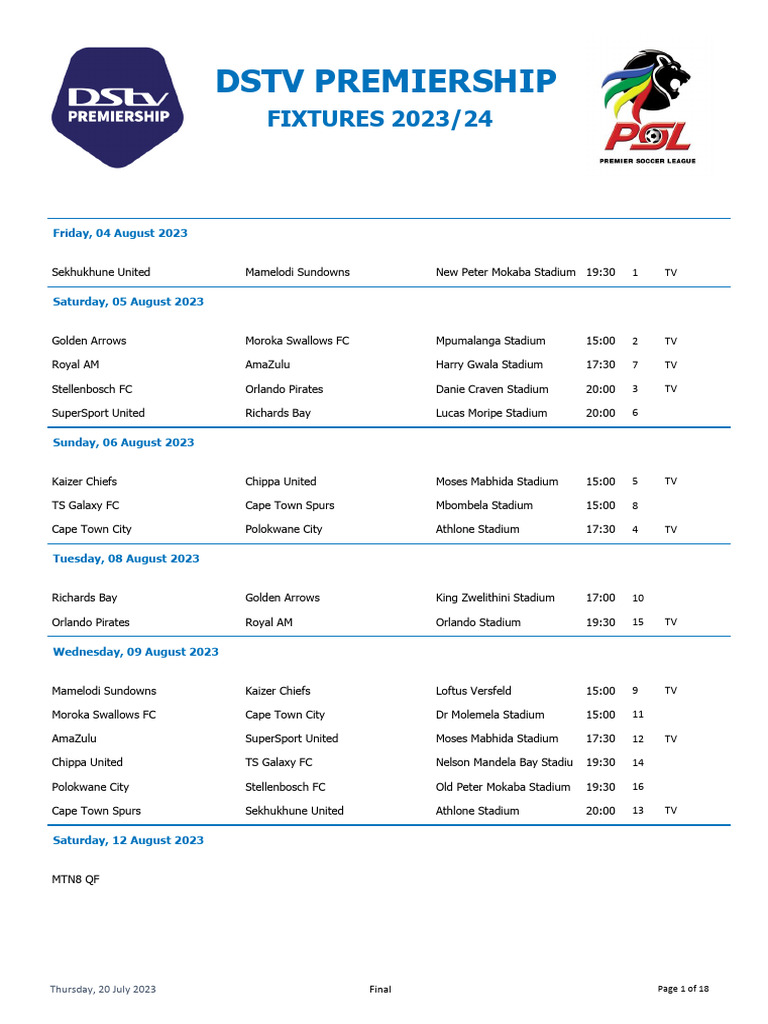 DSTV Premiership Fixtures 2023 2025 Season Download Free PDF Clubs