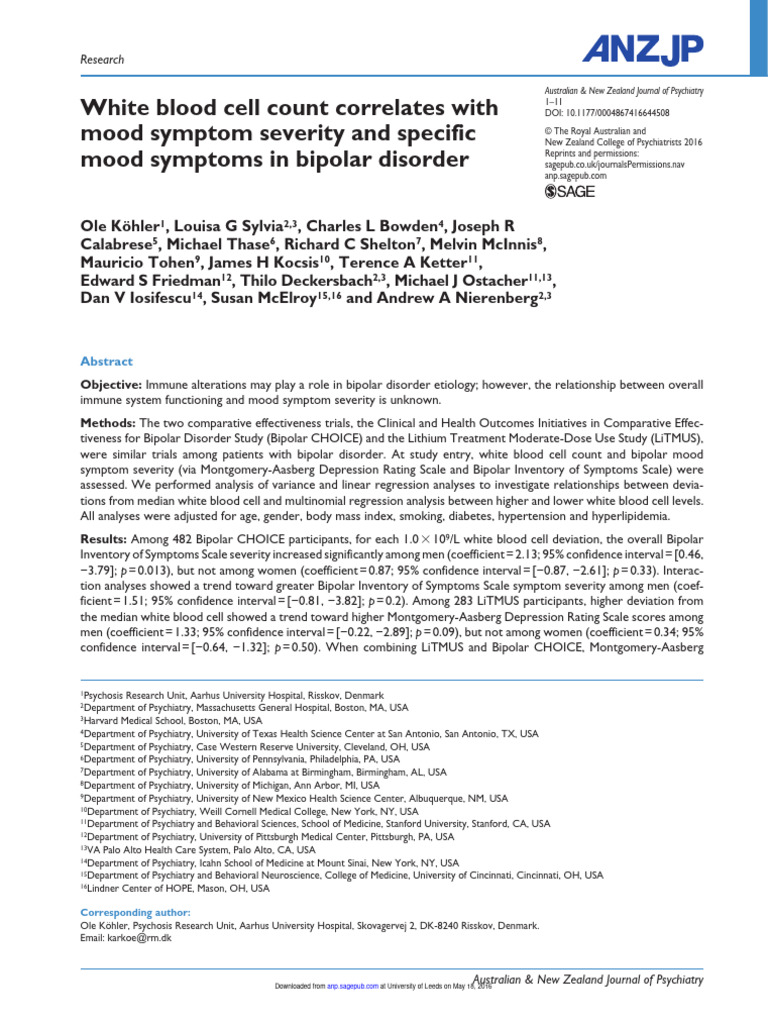 White Blood Cell Count Correlates With Mood Symptom Severity and ...