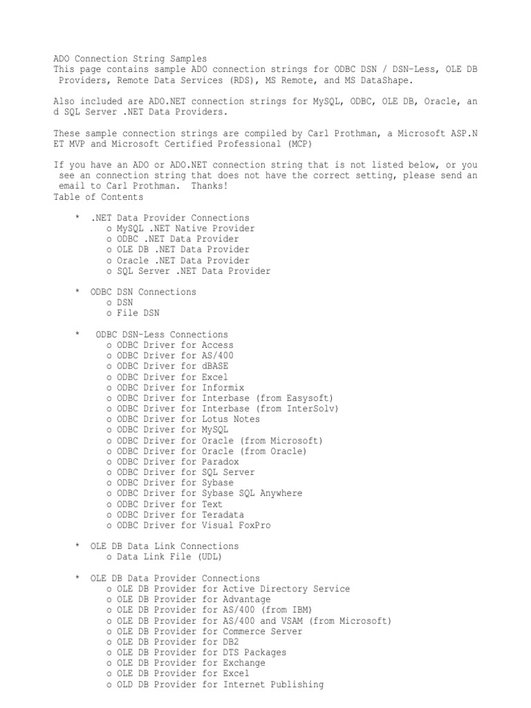 ADO Connection String Samples | PDF | Microsoft Access | Microsoft Sql ...