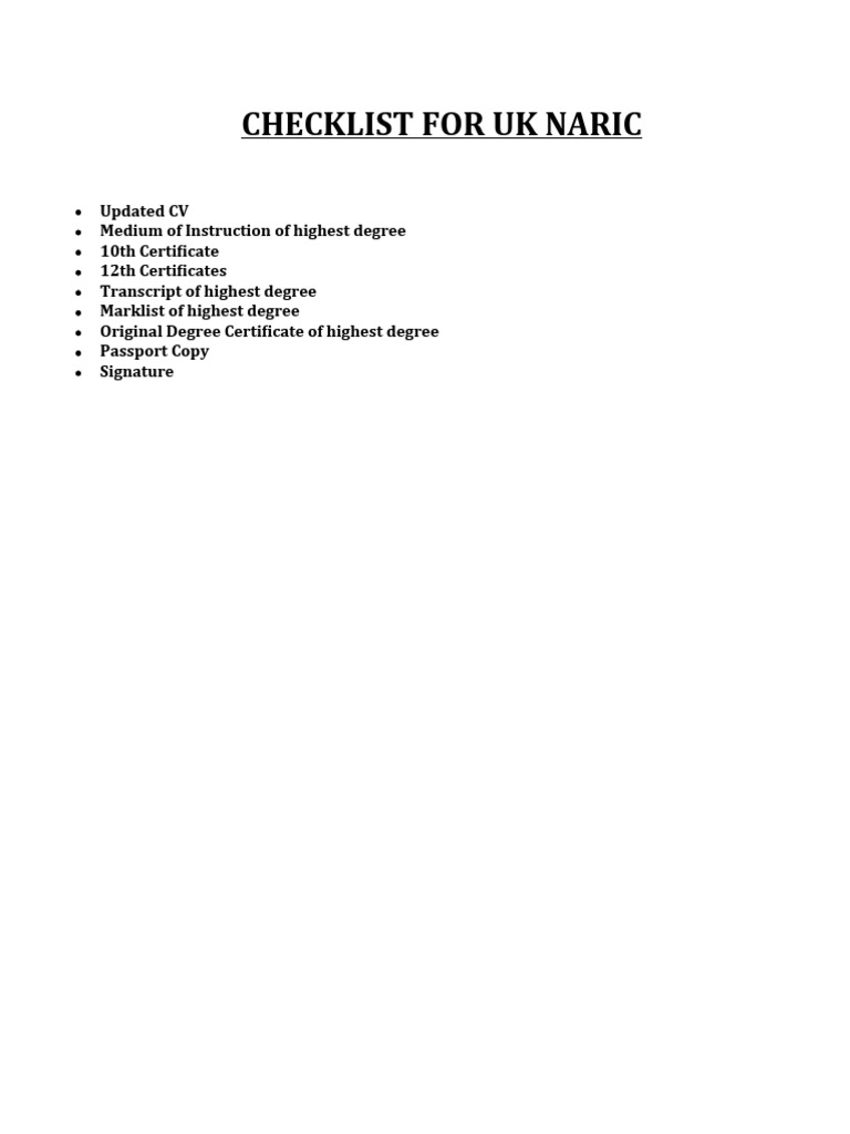 UK NARIC Document Checklist | PDF