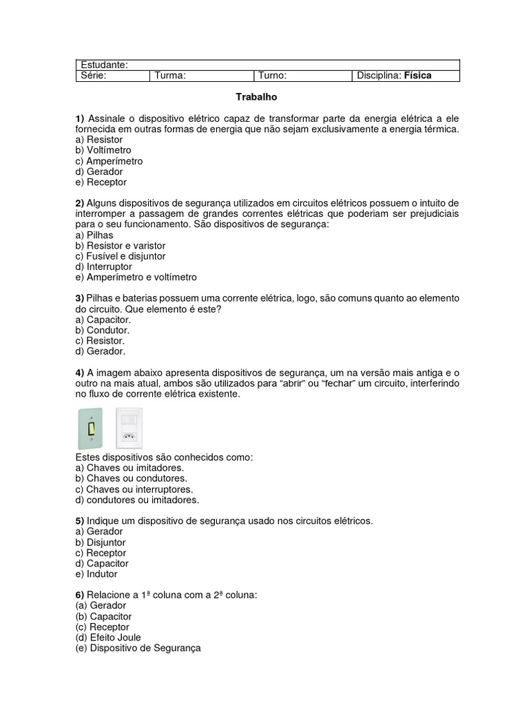 Questões sobre Circuitos Elétricos 8º Ano | PDF | Rede elétrica ...