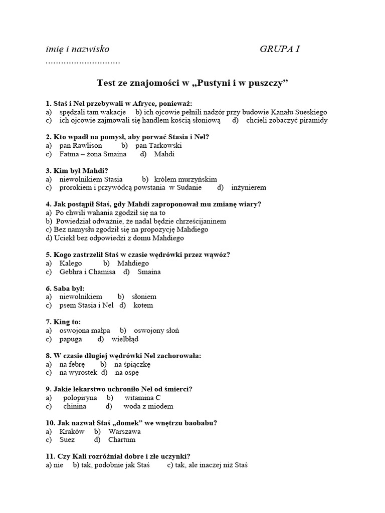 W Pustyni I Puszczy Quiz Test Z Pustyni I W Puszczy | PDF