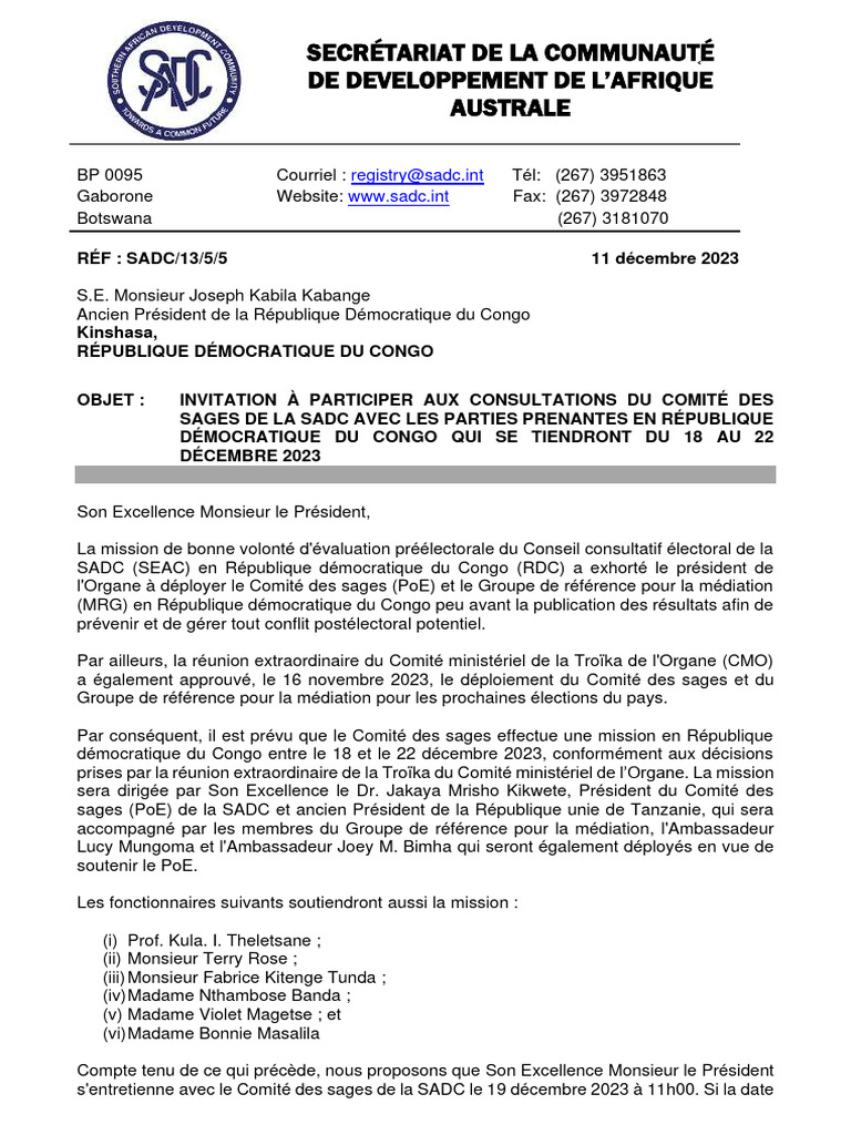 Invitation aux consultations SADC RDC 2023 | PDF | République ...