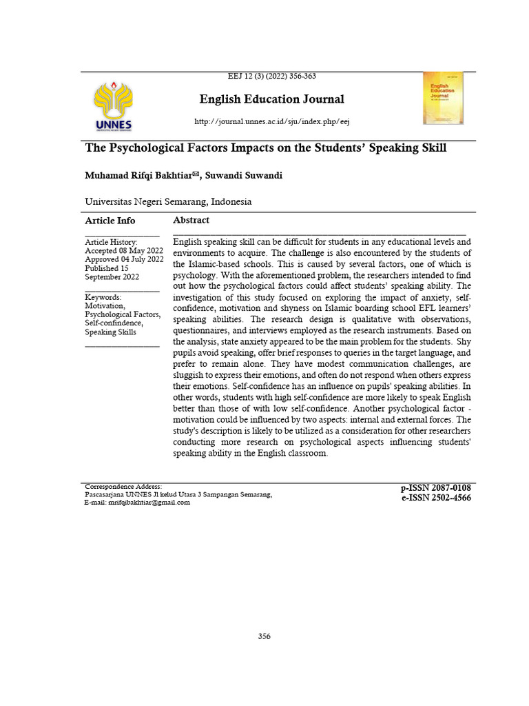 Psychological Factors in Student Speaking Skills | PDF | Shyness ...