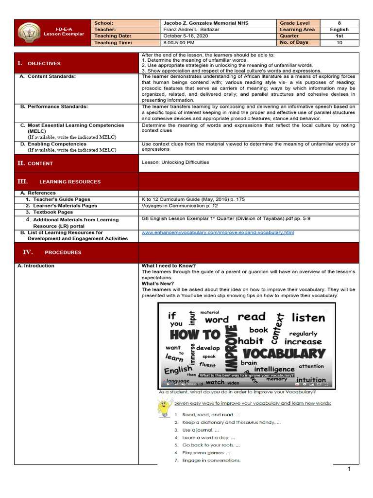 Lesson Exemplar: Unlocking Difficulties | PDF | Learning | Cognitive ...