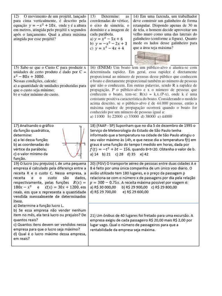 Exercícios sobre Vértice da Parábola | PDF