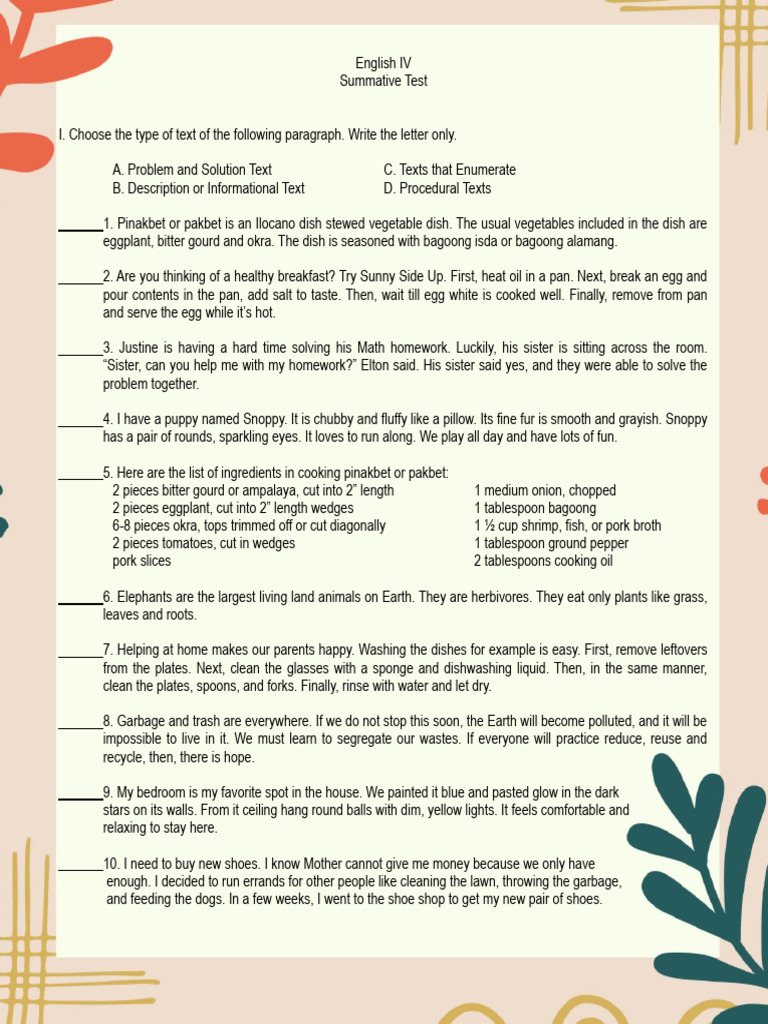 English IV Summative Test Guide | PDF | Waste | Food And Drink Preparation