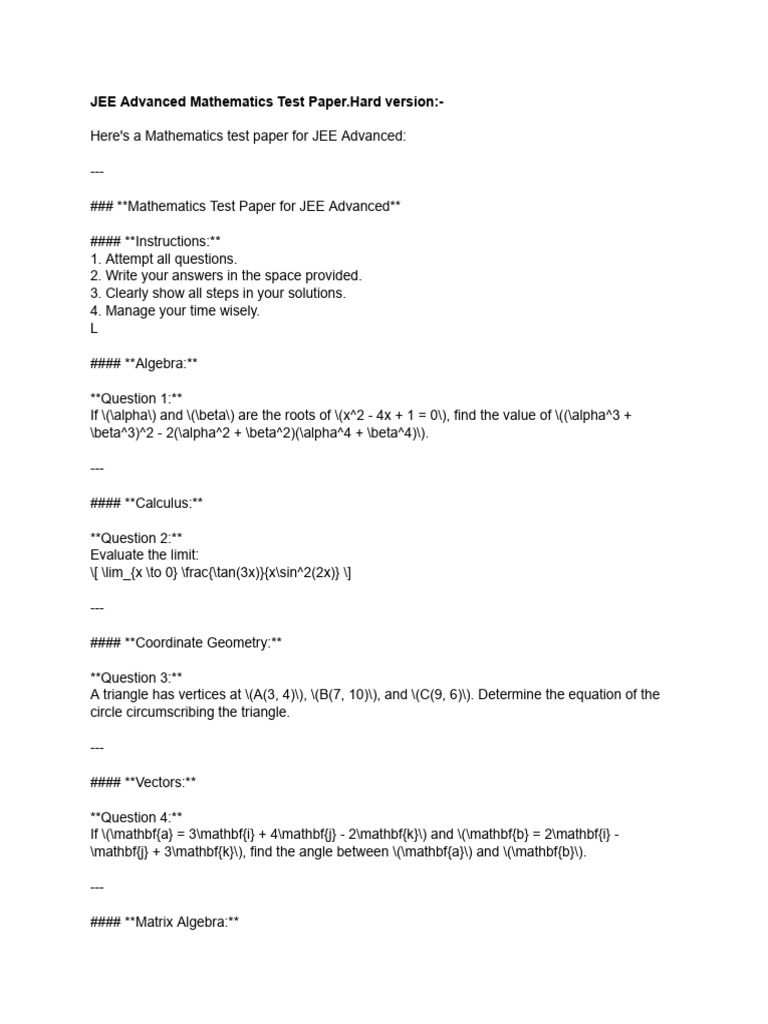 Jee advanced mathematics test paper hard version download free pdf