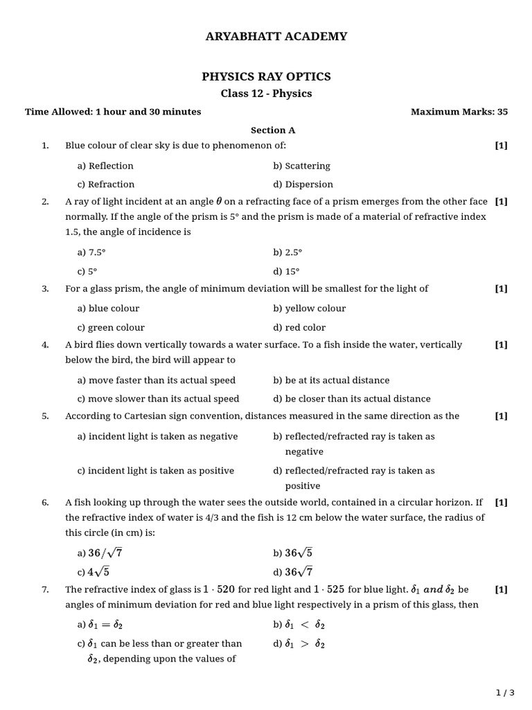 Ray Optics Questions PDF Refraction Refractive Index