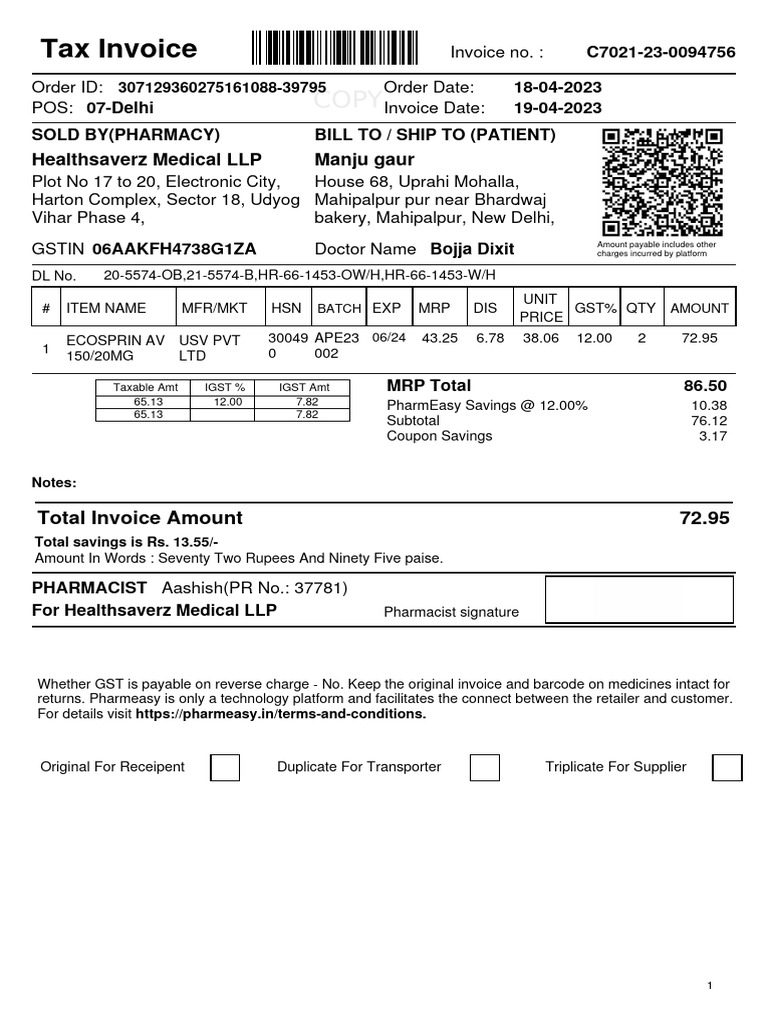 C7021-23-0094756 18-04-2023 19-04-2023 Sold by (Pharmacy) Bill To ...