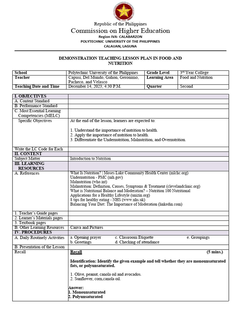 Food and Nutrition Lesson Plan | PDF | Malnutrition | Nutrition
