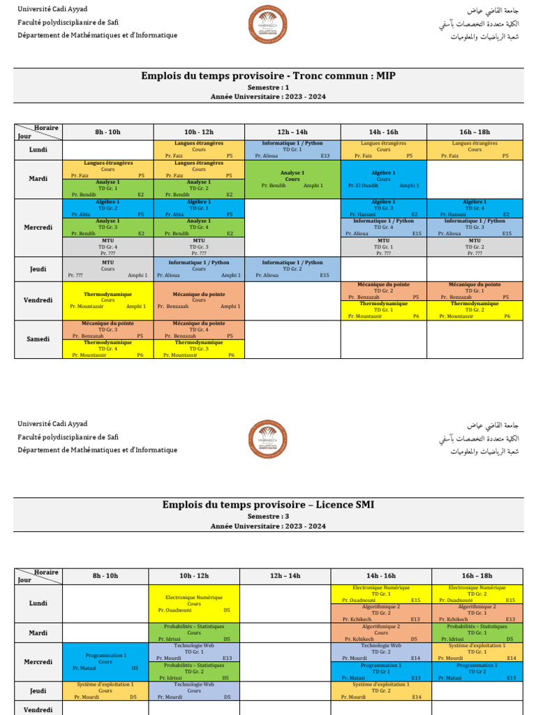 Emplois Du Temps Provisoire - MIP - SMI | PDF | Sciences physiques ...