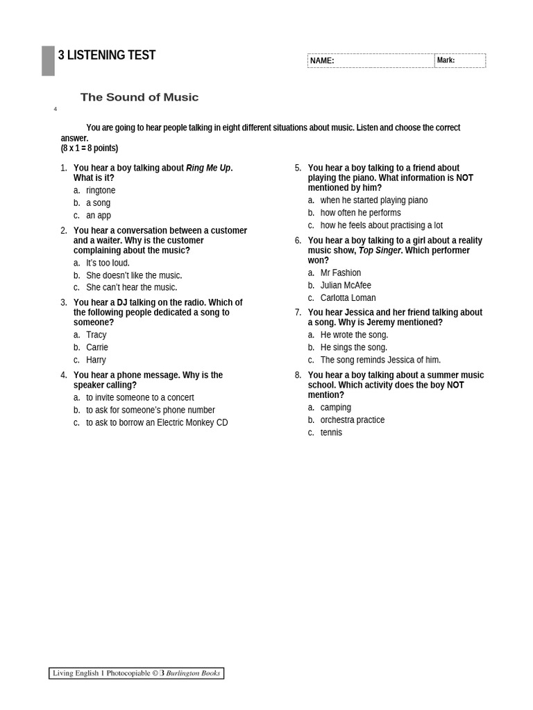 Music Listening Comprehension Quiz | PDF