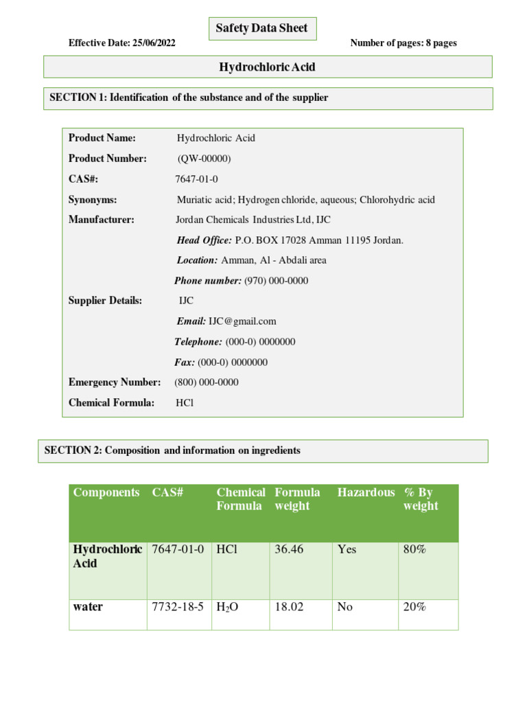 Hydrochloric Acid Safety Data Sheet | PDF | Hydrochloric Acid | Waste