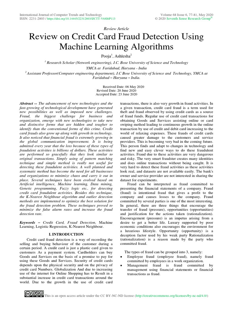 Review On Credit Card Fraud Detection Using Machine Learning Algorithms ...