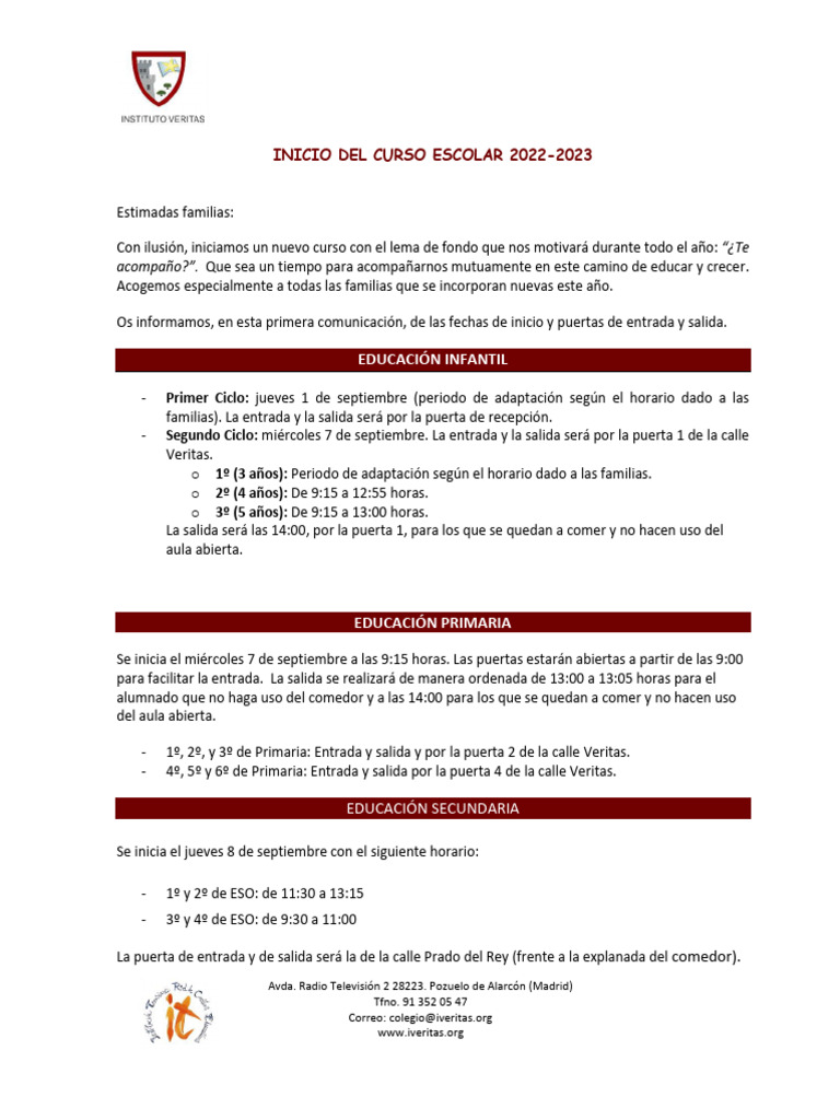 Inicio del Curso 2022-2023 en Veritas | PDF | Etapas educativas